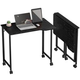 HOMCOM Small Folding Desk, 80 cm Foldable Computer Desk on Wheels for Small Space, Space Saving Writing Table with Device Slot for Home Office, Bedroom, Easy Assembly, Black Wood Effect Black