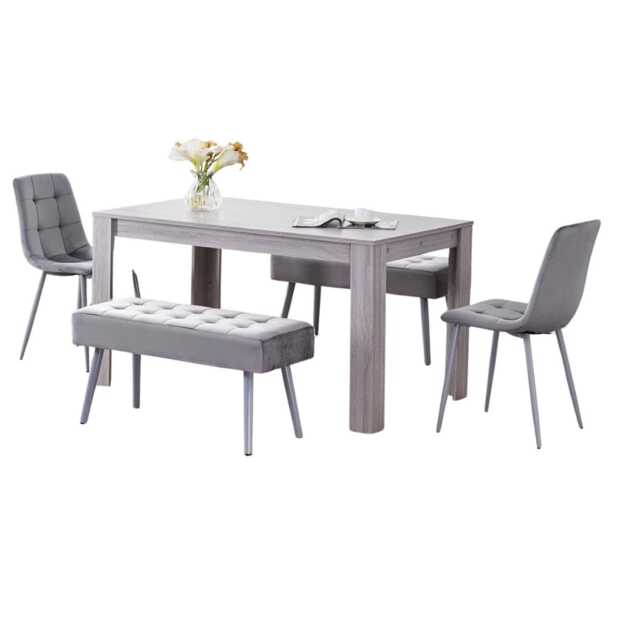 Grey Dining Table Set with 2 Velvet Chairs and 2 Benches Wooden Dining Furniture
