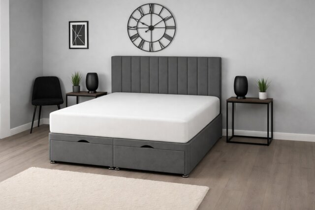 Foot Lift Grey Apollo Plush Velvet Ottoman 5ft Kingsize Bed with Memory Mattress and Headboard