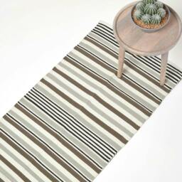 Homescapes Modern Black Grey Scandinavian Style Striped Cotton Rug - 66 x 200 cm Grey Black grey