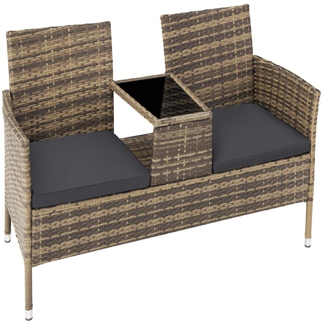 Garden Bench Narbonne - 2-seater with table, weather-resistant polyrattan Cream nature/dark grey One Size 1