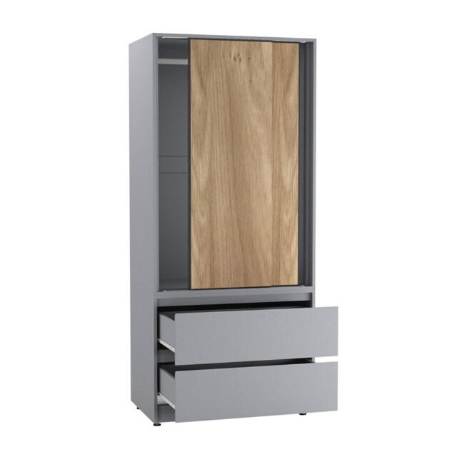 URBNLIVING 2 Sliding Door Wardrobe With 2 Drawers And Hanging Rail Grey Oak Doors 1