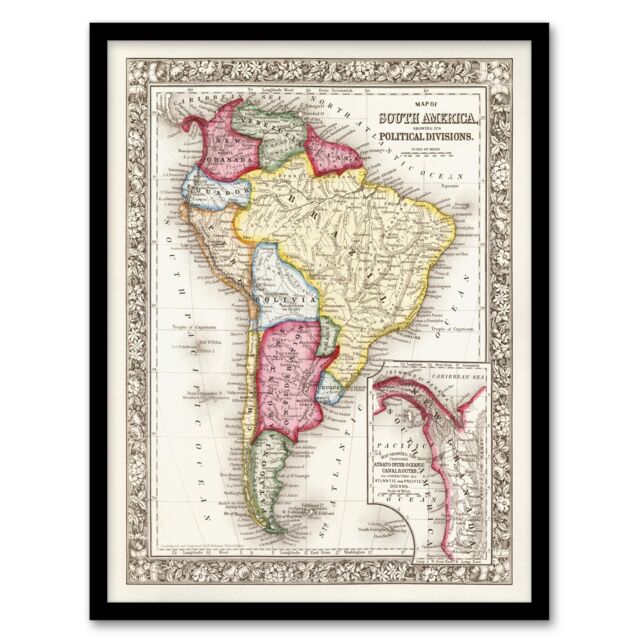 "South America Political Divisions Map Mitchell Framed Wall Art Print 12X16"""