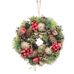 Christmas Wreath Festive Decoration with Jute Hanger Traditional Pinecone Decor Multi Red, Green & Gold Glitter 25cm 1