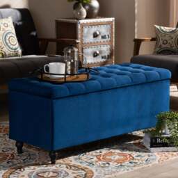 120cm Cubed Ottoman Storage Box,Sapphire Blue Velvet Upholstered Chesterfield Storage Ottoman Box with Wooden Legs