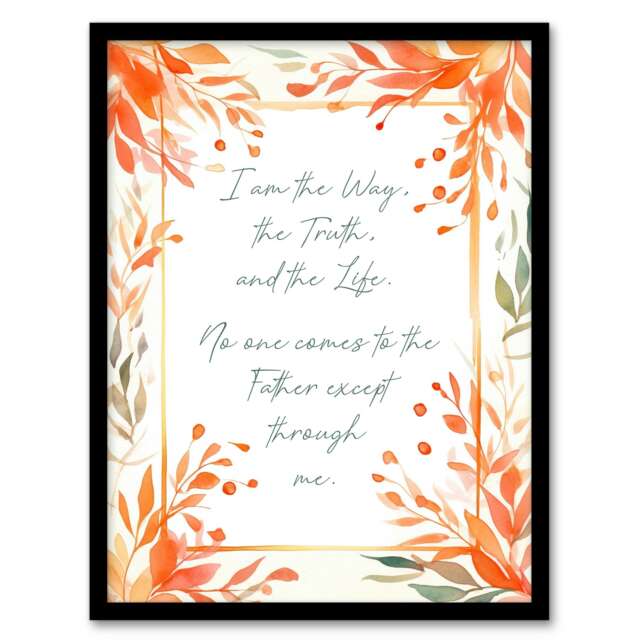 Way Truth Life Orange Jesus Bible Quote Black Framed Wall Art Print A8