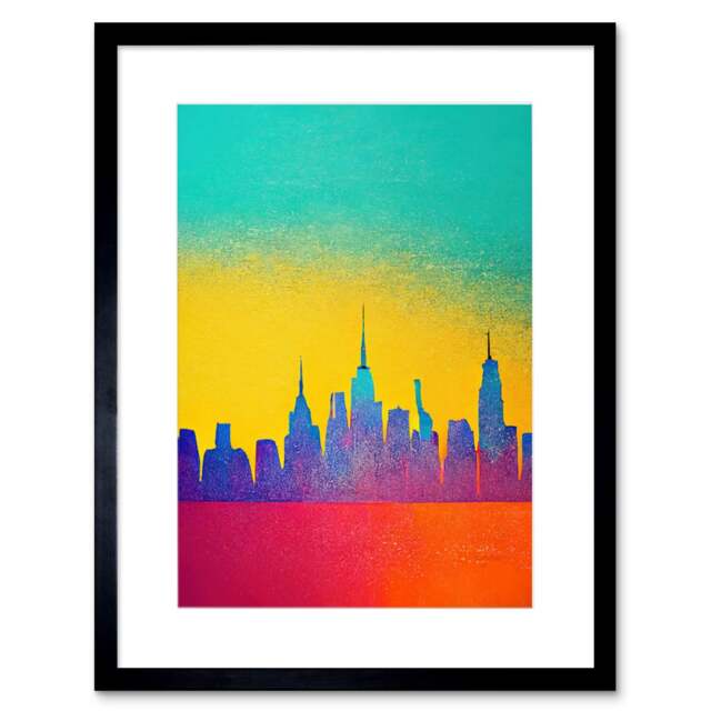 "Bright Colourful Abstract New York Skyline Cityscape 9x7"" Black Framed Wall Art Print"