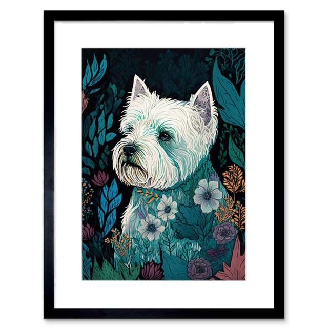 "West Highland White Terrier Flowers Dark 9x7"" Black Framed Wall Art Print"
