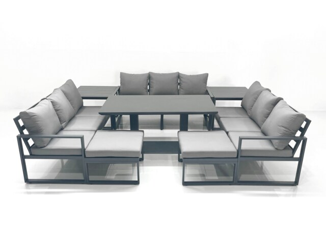 Fimous 11 Seater Garden Sofa Set Aluminium Furniture Rising Dining Tabe Set with 2 Side Tables 2 Big Footstools Dark Grey