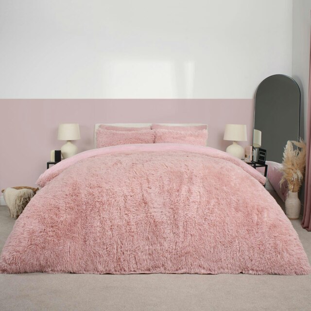 OHS Teddy Fleece Shaggy Faux Fur Duvet Cover and Pillowcase Set, Single - Blush Pink