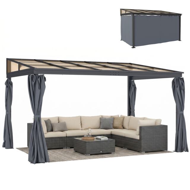 Outsunny Outdoor Pergola Gazebo Party Tent Garden Sun Shelter 4 x 3m w/ Curtain Grey Grey 396cm x 295cm x 245cm