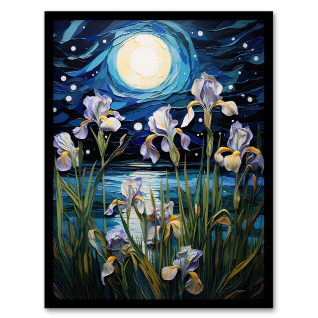 Ethereal Iris Flower Blooms Fantasy Lake Black Framed Wall Art Print A4