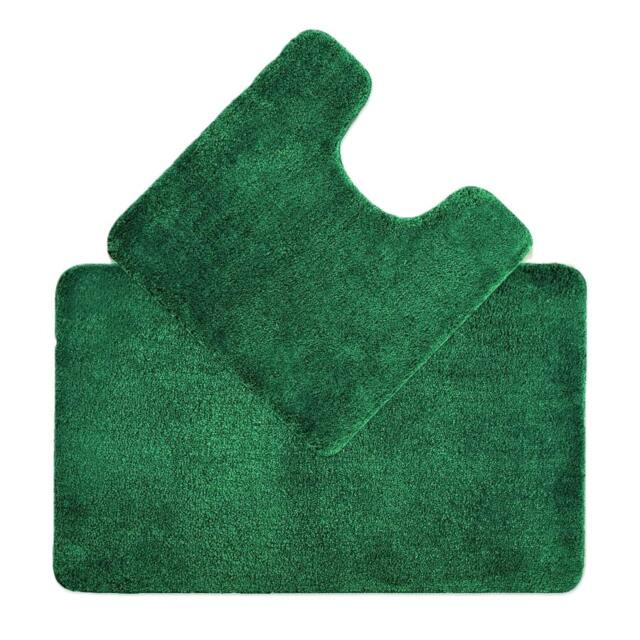 Luxury Microfibre Deep Pile Bath Mat and Pedestal Set - Non Slip Green Dark Green