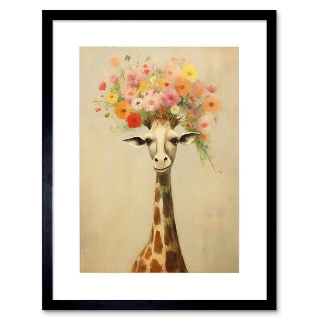 "Cheerful Giraffe Wildflower Bouquet Hat 9x7"" Black Framed Wall Art Print"