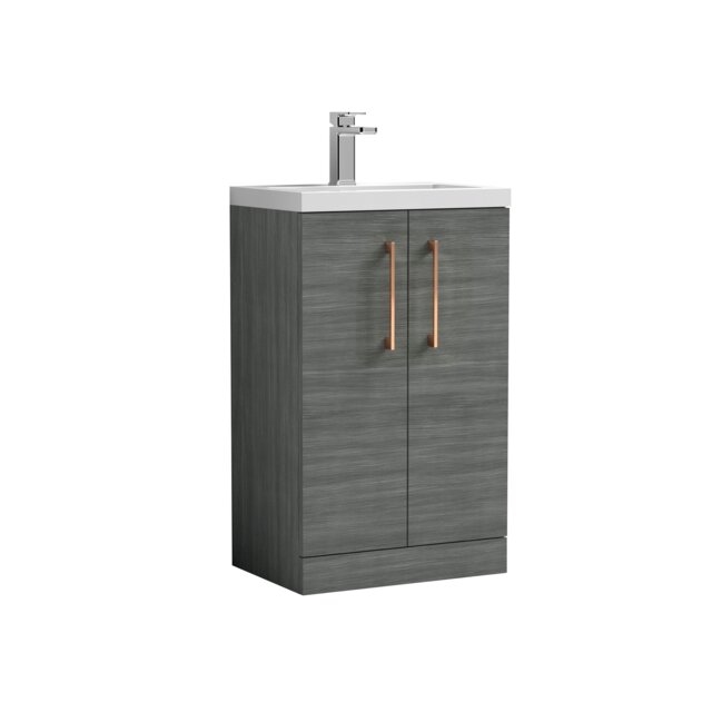 Balterley Level Compact Bathroom Cloakroom Vanity Basin Unit with Ceramic Basin, Handles Grey Grey Woodgrain 840 x 510 x 360mm