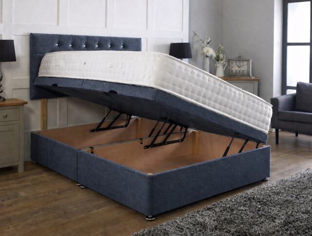 Side Lift Ottoman Denim Linen 6ft Superking Bed Set Headboard and Mattress Included