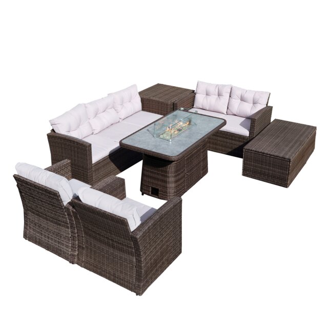 Direct Wicker 7 Seater Rattan Outdoor Sofa Set with Fire Pit Rising Table, 50,000 BTU Heating Center, Waterproof Storage Box Brown Five Plus Seater