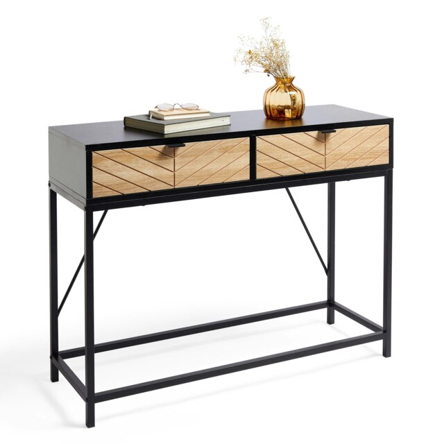 VonHaus Dalton Console Table Chevron Design with Drawers Black
