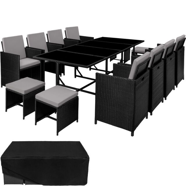 Garden Table and Chairs Palma - 12 seats with cushions, dining table, rain cover Black black/grey 53 x 53 x 87 cm 1