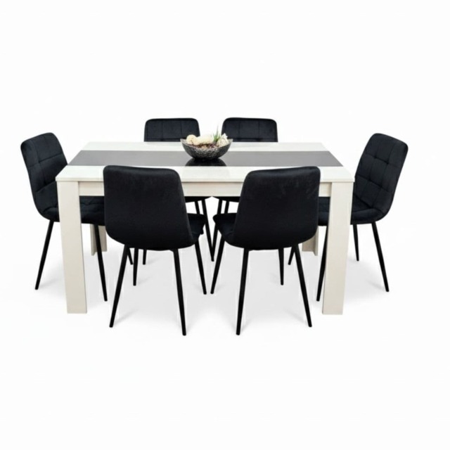 Modern White And Black Dining Table Set With 6 Black Velvet Chairs Dining Room Furniture