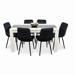 Modern White And Black Dining Table Set With 6 Black Velvet Chairs Dining Room Furniture