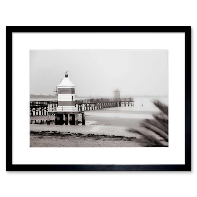 "Lignano Old Lighthouse Black White Italy Beach Pier 9x7"" Black Framed Wall Art Print"