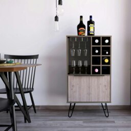 Nevada Smoked Oak and Bleached Oak Effect Wine Cabinet - 2 Doors and 1 Glass Door with Hairpin Legs Brown Brown 1