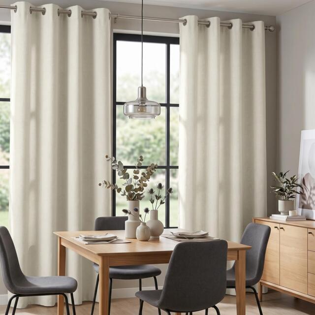 Velvet Chenille Eyelet Curtains Ready Made Pair - 142cm x 229cm - Cream