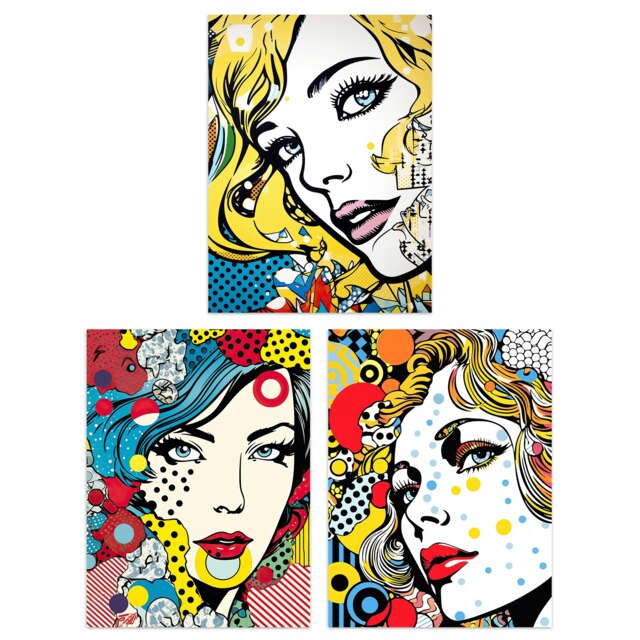 Set of 3 Pop Art Women Faces Comic Book Style Portraits Patterns Wall Art Print A4