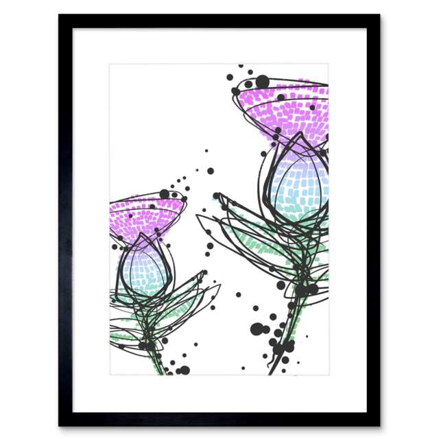 "Scottish Thistle Head Flowers Ink Drip Design Scotland 9x7"" Black Framed Wall Art Print"