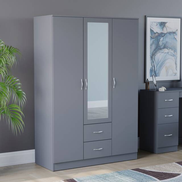 Vida Designs Riano 3 Door 2 Drawer Mirrored Wardrobe With Shelf & Clothes Rail, Grey