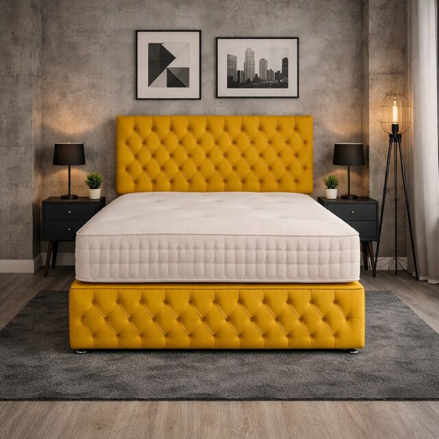 5FT Kingsize Yellow Mustard Plush Velvet Divan Bed With Headboard & Footboard and Memory Sprung Mattress 4 Drawers