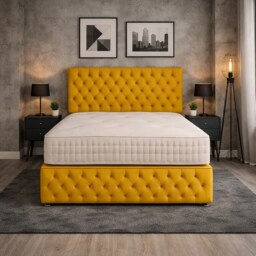 5FT Kingsize Yellow Mustard Plush Velvet Divan Bed With Headboard & Footboard and Memory Sprung Mattress 4 Drawers