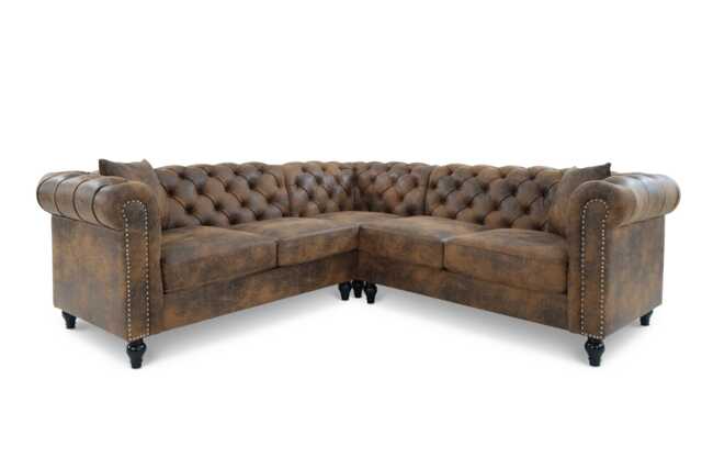 Faux Leather Suede Brown 2C2 Chesterfield Corner Sofa With Wooden Feet CAMDEN