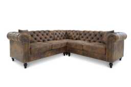 Faux Leather Suede Brown 2C2 Chesterfield Corner Sofa With Wooden Feet CAMDEN
