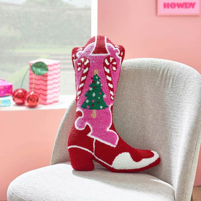 Catherine Lansfield Santa's Howdy Christmas Boot Boucle 3D Shaped Cushion Pink Pink
