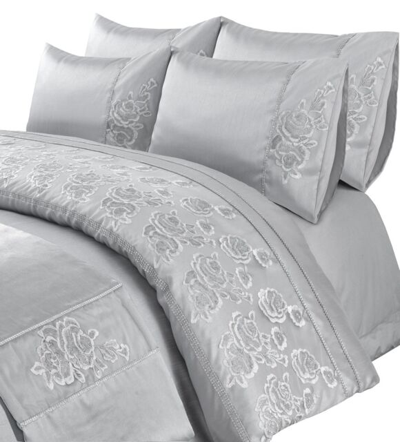 Duvet Cover And Pillowcase Set Silver Or Pink Embroided Luxury Design Polyester Bed Linen Silver One Size