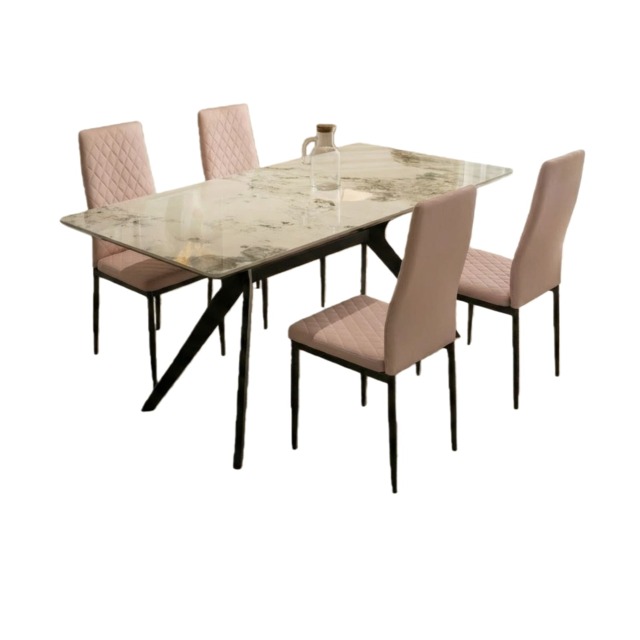 San Diego Marble Top Dining Table with Emily Leather Chairs - Champagne Pink