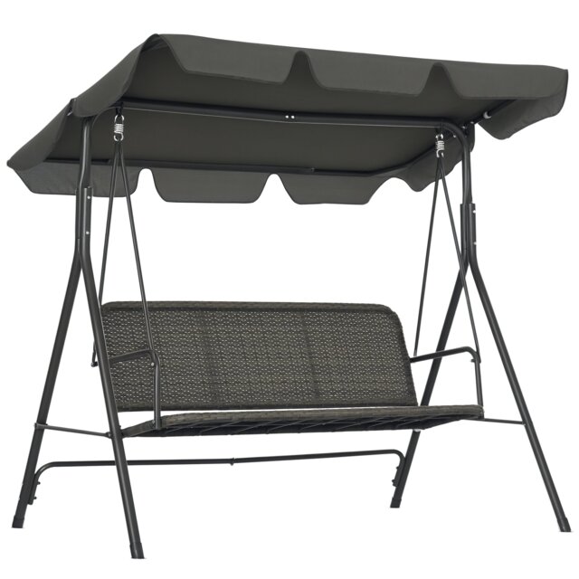 Outsunny 3-Seater Rattan Swing Chair, Hanging Bench w/ Stand, Adjustable Canopy