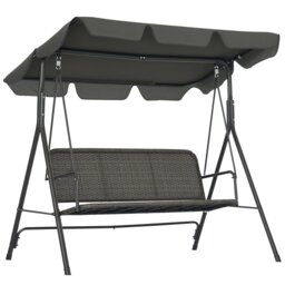 Outsunny 3-Seater Rattan Swing Chair, Hanging Bench w/ Stand, Adjustable Canopy