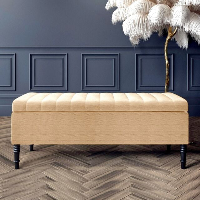 150cm Paris Striped Ottoman Storage Bench -Upholstered Shoes Bench with Black Turned Wooden Legs - Beige Naple Ottoman Bench