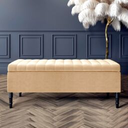 150cm Paris Striped Ottoman Storage Bench -Upholstered Shoes Bench with Black Turned Wooden Legs - Beige Naple Ottoman Bench