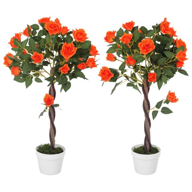 Outsunny Set of 2 90cm3FT Artificial Rose Tree, Fake Decorative Plant with Pot, UV-Resistant FauTree for Outdoor Indoor Home Office Decor, Orange