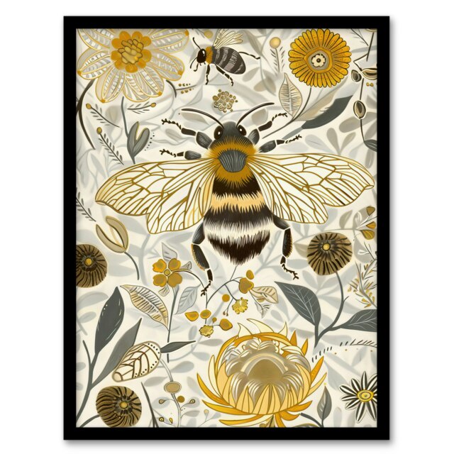 Honey Bee Flowers Bright Stylised Floral Black Framed Wall Art Print A4