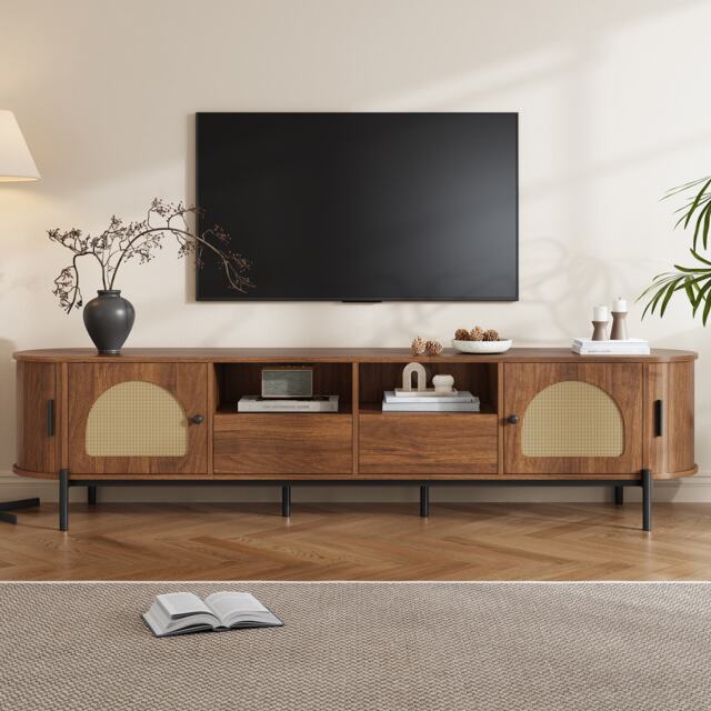 VILUXE 200 x 40 x 50cm Walnut TV Stand with Sliding Side Doors, 2 Rattan Doors, 2 Drawers, Open Compartments, Cable Management and Black Metal Legs