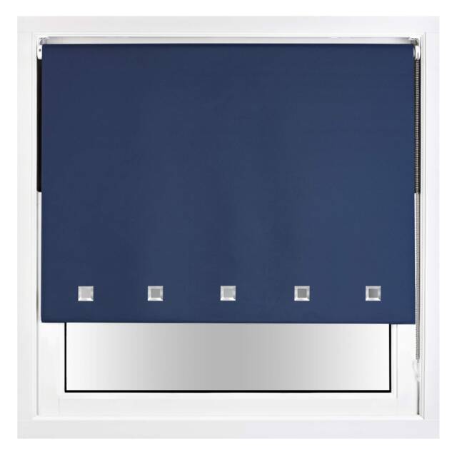 FURNISHED Blackout Roller Blinds with Chrome Square Eyelets and Metal Fittings Blue Navy (W) 60cm x (L) 165cm