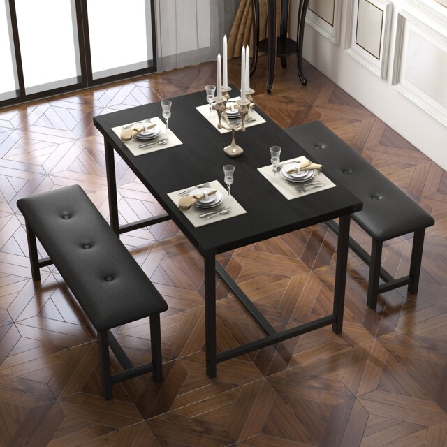 London Boutique 3PCS Industrial Dining Table Set with 2 Padded Benches - Black
