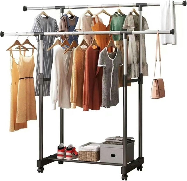 Double-rail Adjustable Garment Rack Clothing Rail Stand on Castor Wheels with Hanging Rail and Storage Shelf Multi One Size