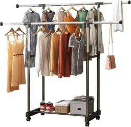 Double-rail Adjustable Garment Rack Clothing Rail Stand on Castor Wheels with Hanging Rail and Storage Shelf Multi One Size