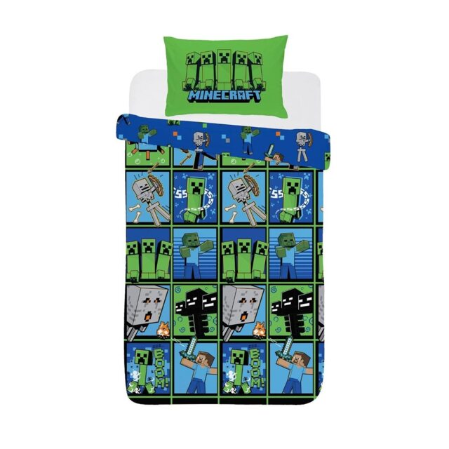 Minecraft All-Over Print Reversible Duvet Cover Set Green Green/Blue/Grey Single 1